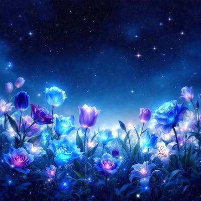 The primary subject of the image is a field of blue flowers, which are the main objects in the scene. The setting is a night sky, creating a serene and peaceful atmosphere. The visual style is a digital art, as the flowers are depicted in a vibrant and detailed manner. The dominant colors are blue and purple, which contribute to the calming and soothing mood of the scene.